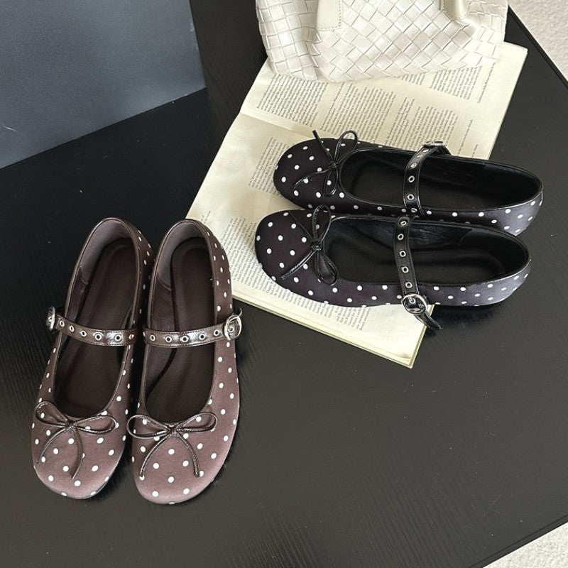 Designer Polka Dot Ballet Flats for Women Sweet Bow Decoration Elegant Mary Jane Shoes Fashion Buckle Shallow Comfort Dress Shoe