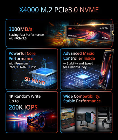 SIX X4000 3000MB/s M.2 PCIe 3.0 SSD 512GB, Unidade de Estado Sólido Interna, 260K IOPS, 300TBW, Armazenamento de Alta Velocidade para Desktop/Laptop