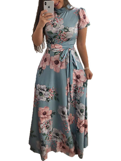 Women's Slim Dresses Casual Long Sleeve Round Neck Flower Printed Dress Strap Floor-Length Long Skirt Women's Clothing
