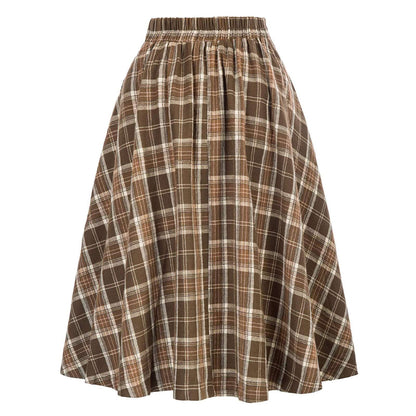 High Waisted Plaid Large Swing Skirt, Fashionable Women's Plaid Elastic Waisted A-line Skirt