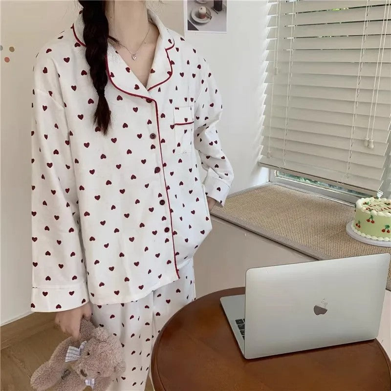 M-XXL Large Size Nightwear Women Sleepwear Autumn and Winter Cardigan Home Wear Peach Heart Long Sleeves School Silk Pajamas