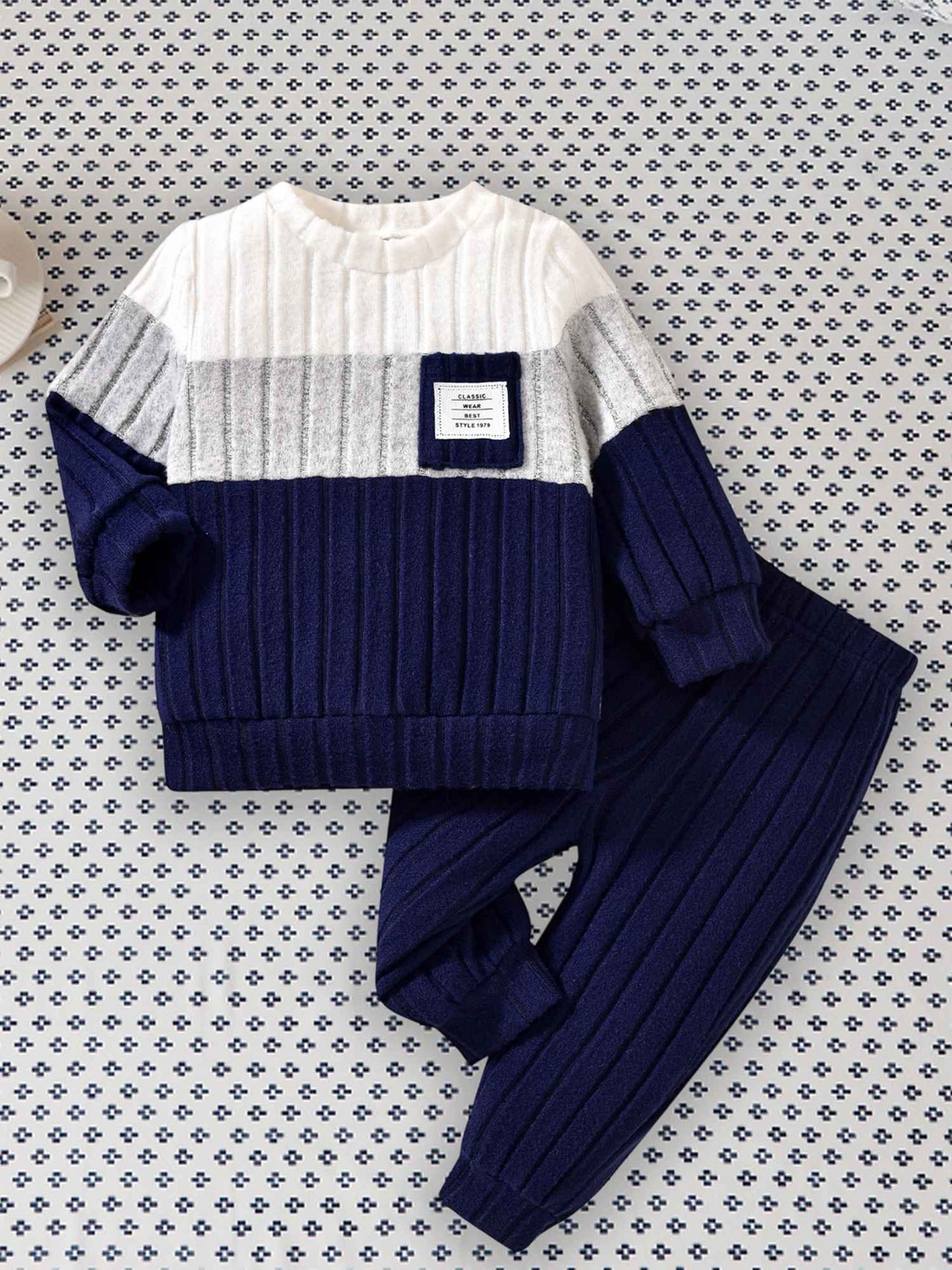 VISgogo 0-3 Years Boys Fall 2Pcs Clothes Sets Long Sleeve O Neck Patchwork Pullover Solid Color Pants