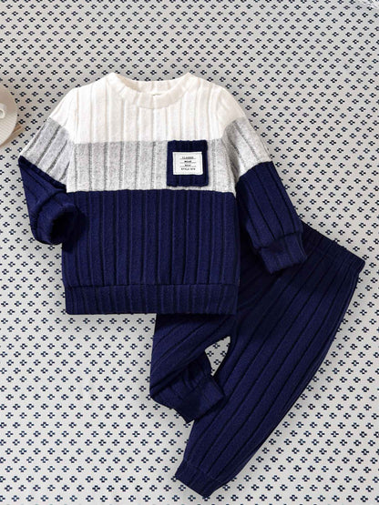 VISgogo 0-3 Years Boys Fall 2Pcs Clothes Sets Long Sleeve O Neck Patchwork Pullover Solid Color Pants