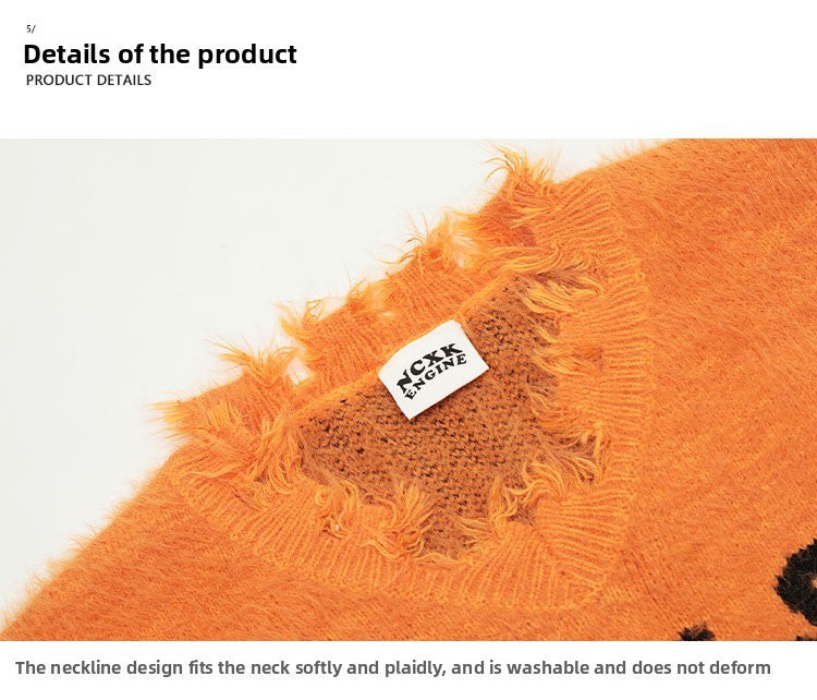 KKyesiou Dopane Orange Knitted Sweater loween Design Men Women Retro American Sle Couple's Long Sve Casual Loose Fit