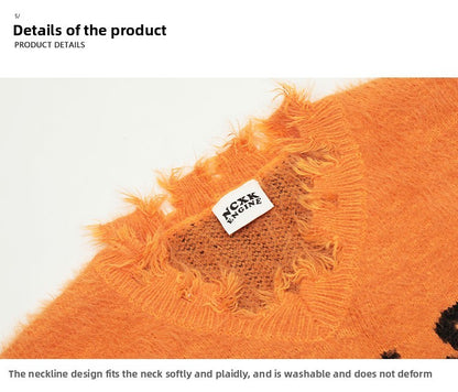 KKyesiou Dopane Orange Knitted Sweater loween Design Men Women Retro American Sle Couple's Long Sve Casual Loose Fit