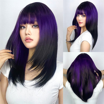 Peruca de cobertura total, peruca rosa gradiente marrom escuro, peruca de cabelo liso com franja, adequada para o role-playing diário feminino,