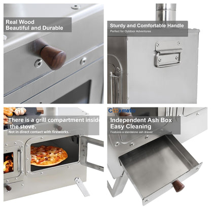 Fogão Multifuncional a Lenha para Acampamento Queimador Externo Portátil com Forno Barraca Fogão Caminhada Piquenique Churrasco Assar Aquecimento Pizza