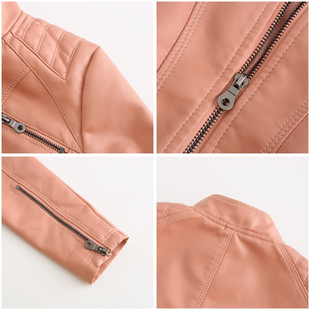 2025 Autumn Women's Black Moto Biker Zipper Jacket, Red Apricot Coffee PU Coat, Light Purple Outerwear.