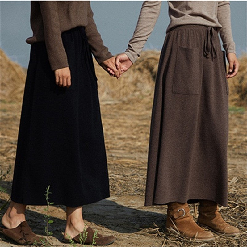 Autumn/Winter 2024 New Cashmere Double Pocket Retro Dress Art Style Versatile Women's Long Skirt