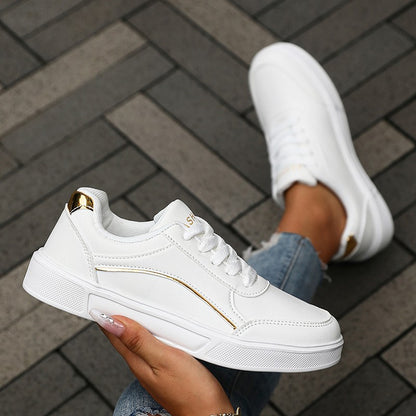 Women's Casual White Sneakers Chic Silver Trim Soft Lining Non Slip Shoes New Minimalist Design PU Leathe Skate Shoes for Women