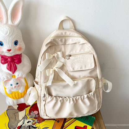 Mochila com Laço Fofo Bordado com Letras de Nylon para Escola Grande Capacidade Zíperes Duplos Alças Ajustáveis Volta às Aulas