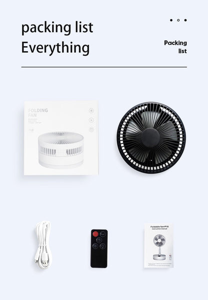 P10 10800mAh Folding Portable Fan USB Remote Control Air Cooler Silent Rechargeable Wireless Floor Standing Fan for Camping Desk
