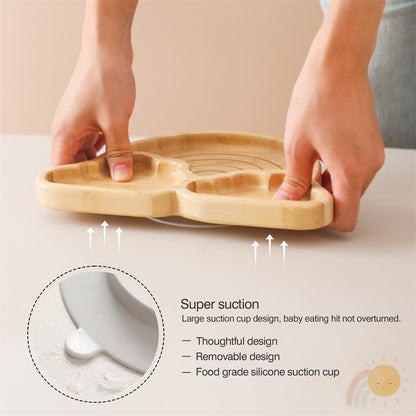 Baby Wooden Tableware Set Could Bamboo Wooden Plate Bowl Silicone Suction Wooden Handle Fork Spoon for Children Feeding Supplies