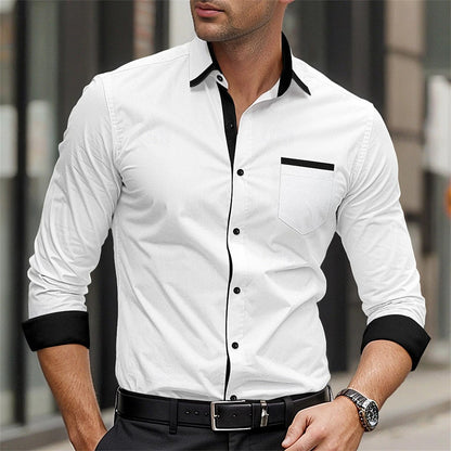 New men's formal button up shirt long sleeved solid color lapel for spring and autumn weddings, daily pocket patchwork clothing