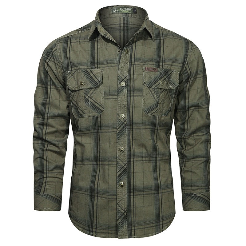 2024 New Plaid Shirt for Men Long Sleeve Striped Outdoor Casual Shirts Turn-down Collar 2-Pokcet Cargo Shirts High Quality Tops
