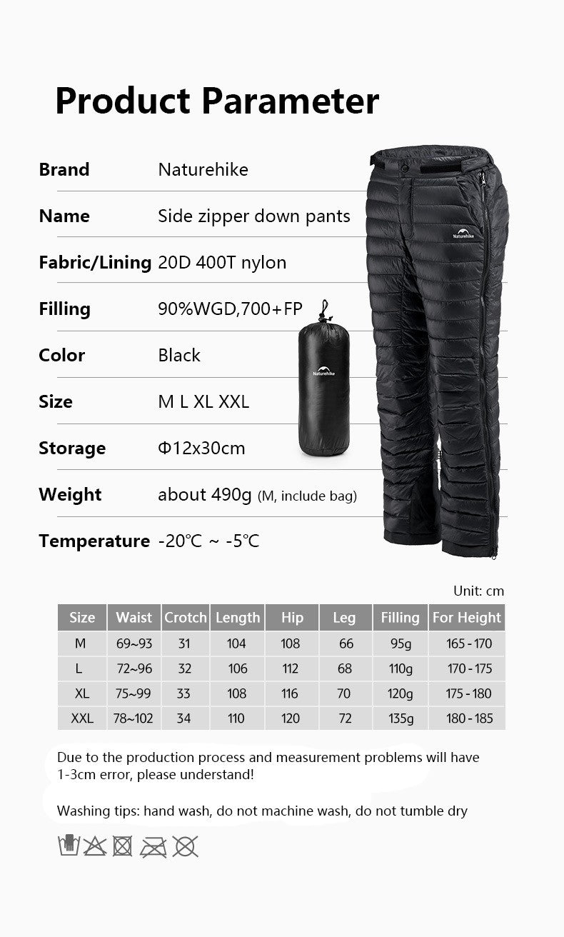 Naturehike 90% Duck Down Pants 700FP Yushang Double Side Zipper Warm Insulation Pant Waterproof Windproof Winter Outdoor Trouser