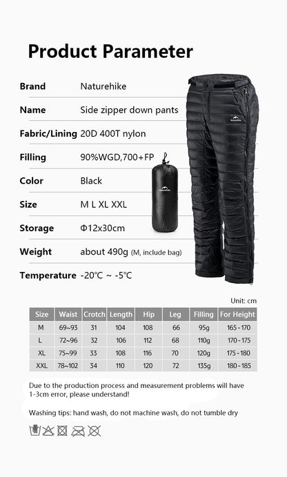 Naturehike 90% Duck Down Pants 700FP Yushang Double Side Zipper Warm Insulation Pant Waterproof Windproof Winter Outdoor Trouser