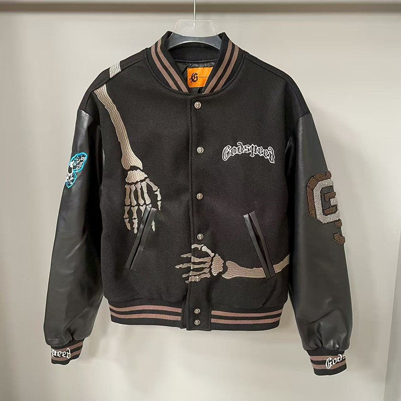 Real Photo GOD SPEED Baseball Jacket American Vintage Patchwork Leather Sleeves Unisex Embroidery Skeleton Jacket Coats