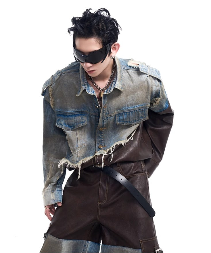 2024 American vintage do old piece-leather destruction denim jacket men fall dirty jacket