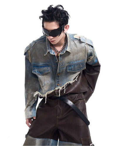 2024 American vintage do old piece-leather destruction denim jacket men fall dirty jacket