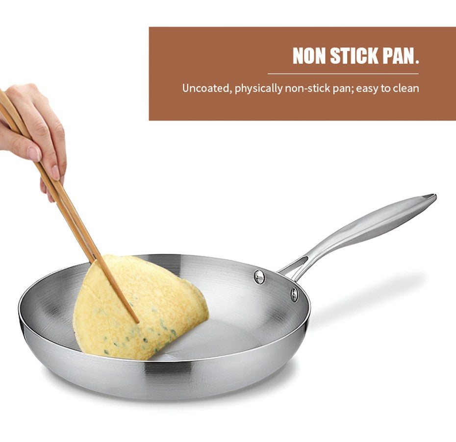 Panela de Aço Inoxidável 304 Antiaderente Frigideira Bife Panela de Cozinha Não Revestida para Fogão a Gás e Fogão de Indução