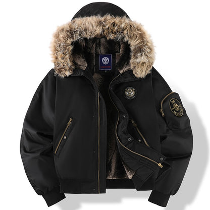 Men's Winter Black Aviator Jacket with Detachable Faux Fur Trimmed Hooded Cold Fashion Embroidered Badge and Zipper Pockets