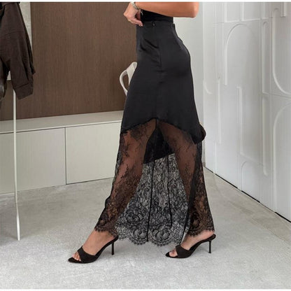 Satin Skirts Women Loose High Waist Patchwork Lace See Through Skirt Female 2025 Chic Solid Sexy Elegant Streetwears