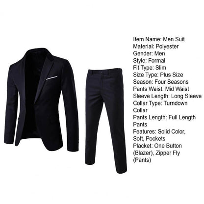 1 Set Trendy Men Suit Anti Deformation Formal Suit Turndown Collar Pure Color One Button Suit Set  Daily Wear