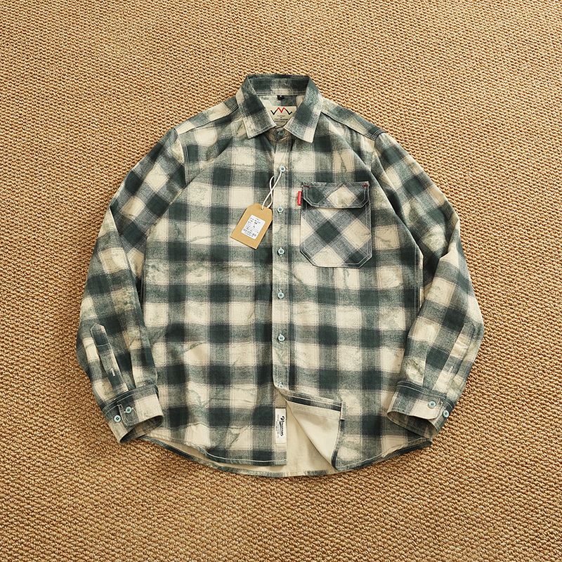 Autumn New Japanese Retro Long-Sleeve Lapel Plaid Cargo Shirt Men's Simple 100% Cotton Washed Pocket Casual Blouses Thin Coat