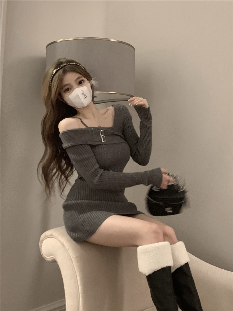 MEXZT Y2K Knitted Mini Dress Women Streetwear Sexy Off Shoulder Sweater A Line Dresses Christmas Party Korean Bodycon Vestidos