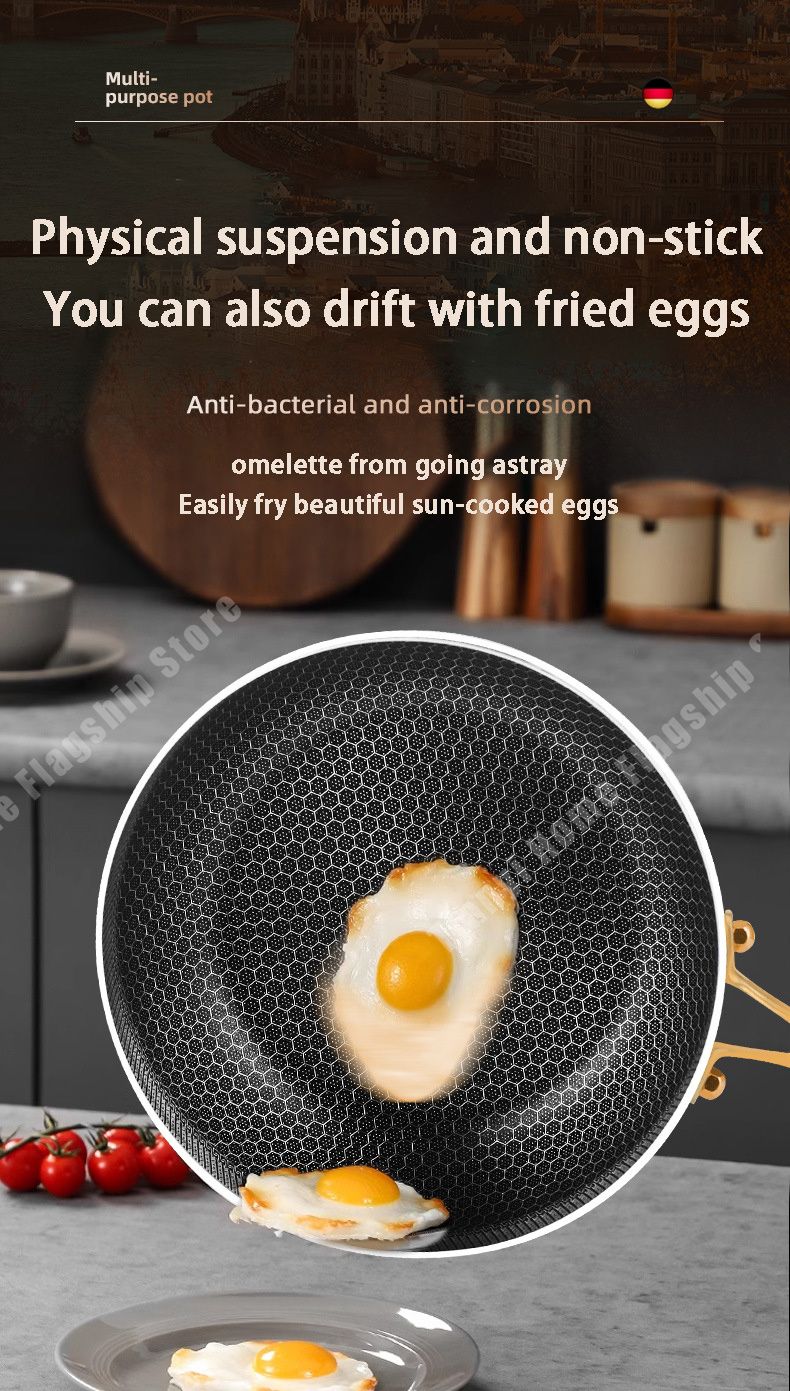 Panela Wok de Aço Inoxidável 316 Antiaderente Favo de Mel para Cozinhar Bife Fogão a Gás Panela de Indução Geral Utensílio de Cozinha