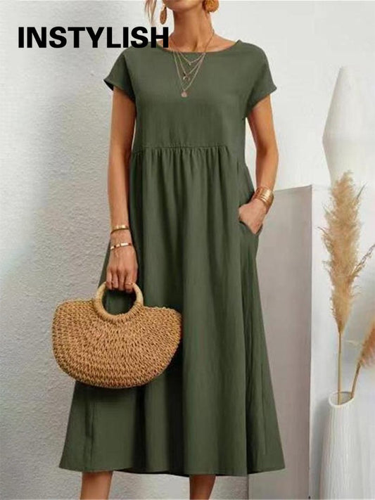 Vintage Solid Midi Dress Casual Short Sleeve Cotton and Linen Harajuku Oversized