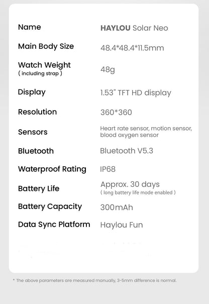 Smartwatch HAYLOU Solar Neo Tela HD de 1.53'' Monitoramento de Saúde 24H Chamada Bluetooth Smartwatch Masculino Feminino Relógios Esportivos Inteligentes