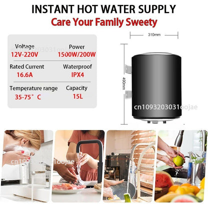Aquecedor de Água Elétrico 10L 12V 220V 1500W Bivolt Aquecedores de Água Quente Com Visor Para Banheiro Chuveiro RV Cozinha Aquecimento