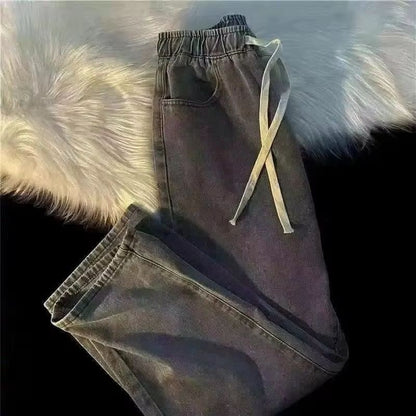 Calça Jeans Masculina Novo Estilo com Cordão Elástico na Cintura Perna Larga Solta Calça Reta de Rua Tendência Ins Calça Casual