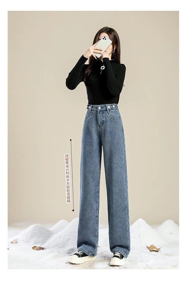 Thickened Fleece Lined Retro Women's Wide Leg Jeans Winter New Style Hong Kong Flavor Small Size Straight Cut Warm Trousers