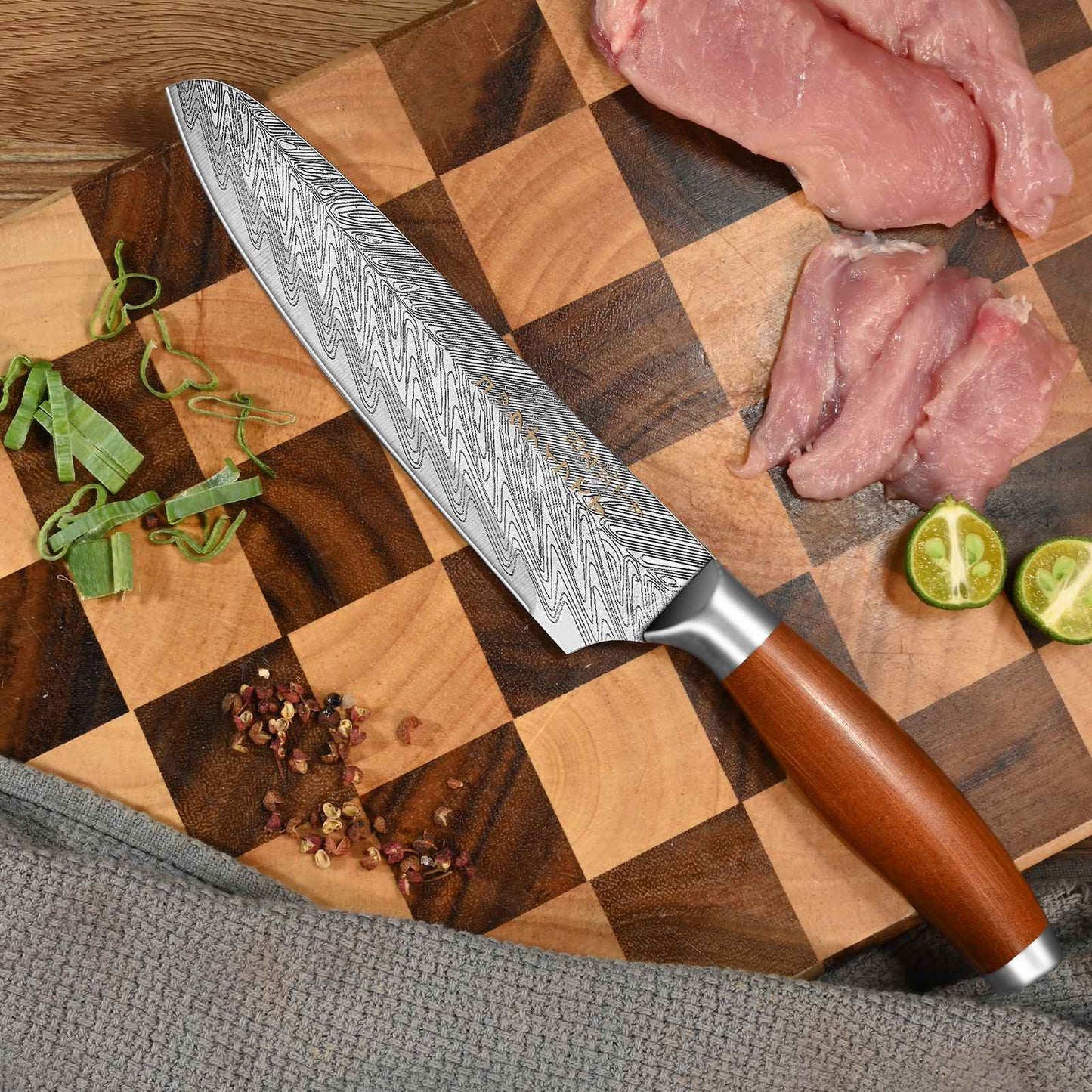 Conjunto de 3 Facas Profissionais de Cozinha Japonesa - Faca do Chef, Faca Multiuso, Cutelo de Carne, Faca para Desossar, Padrão de Aço Damasco
