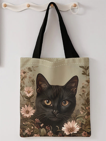 Black cat pattern printed casual handbag, reusable fashionable backpack, multifunctional handbag, canvas shopping bag