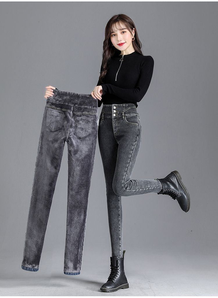 High Waist Slim Fit Fleece Lined Thickened Pencil Long Jeans Women's Autumn Winter New Style Fashionable And Elegant