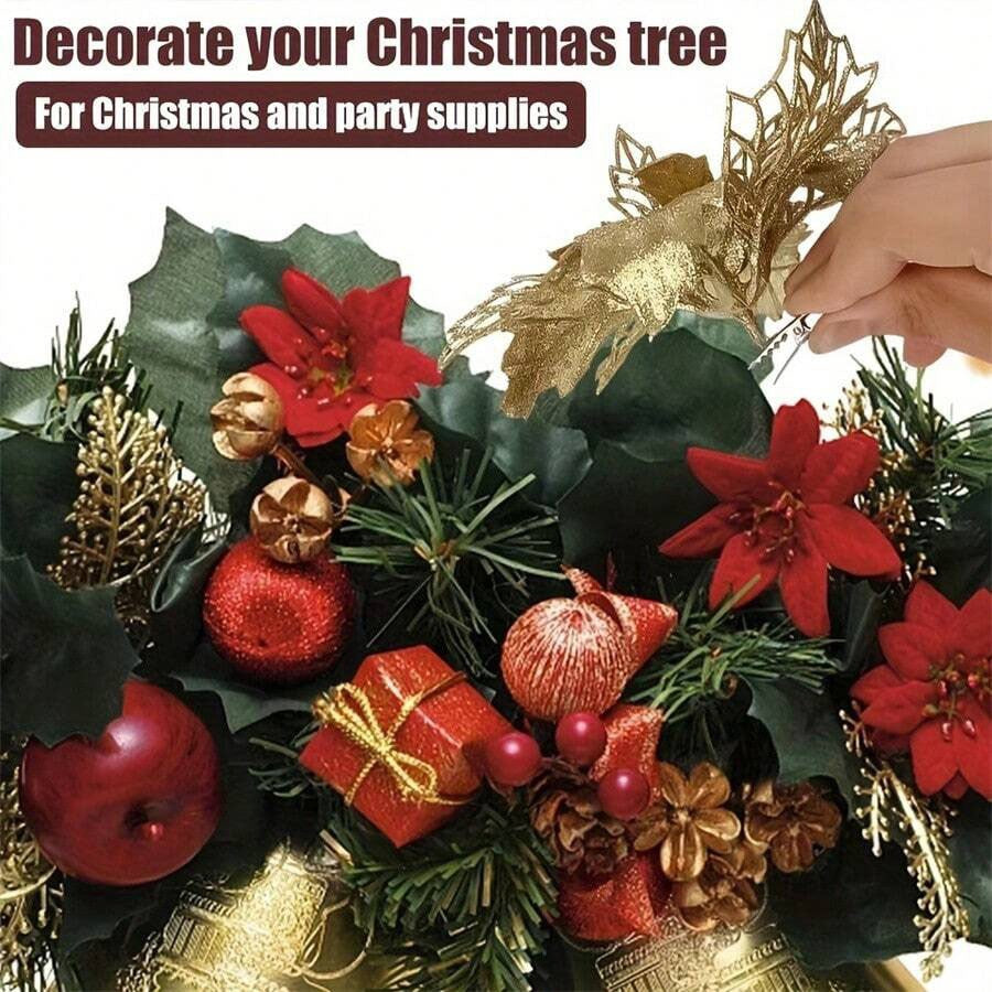 10pcs 14cm Glitter Poinsettia Christmas Artificial Flowers with Clips DIY Xmas Tree Ornaments Wreath Fireplace Decorations