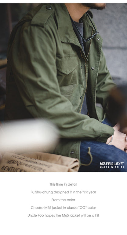 Maden Military M65 Field Jackets For Men's Green Vintage Army Jacket Casual Windbreaker Solid Lapel Collar with Pockets Overcoat