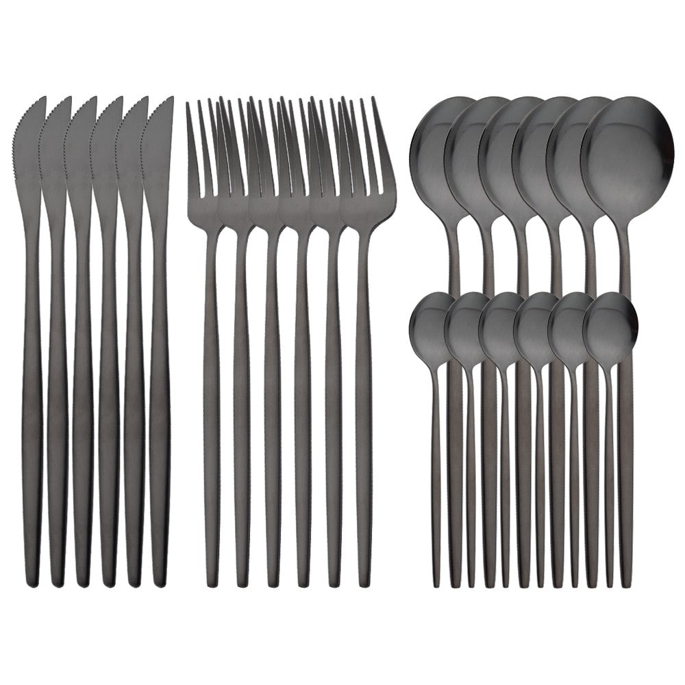 Conjunto de Talheres 24 Peças Preto Fosco em Aço Inoxidável para Cozinha, Faqueiro de Bife, Garfo, Colher, Louça de Mesa