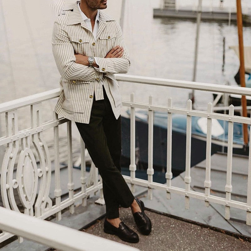 New 2025 Spring Autumn Men's Clothing Trend Striped Multi-pocket Men Cardigan Suit Jackets Business Casual Lace-up Coats for Men