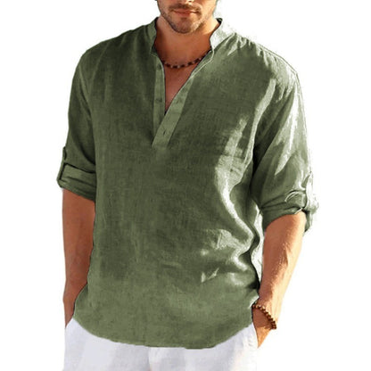 New Men's Linen Long Sleeve T Shirt Solid Color Loose Casual Breathable Shirt Cotton Mens Shirts Designer Lightweight Streetwear