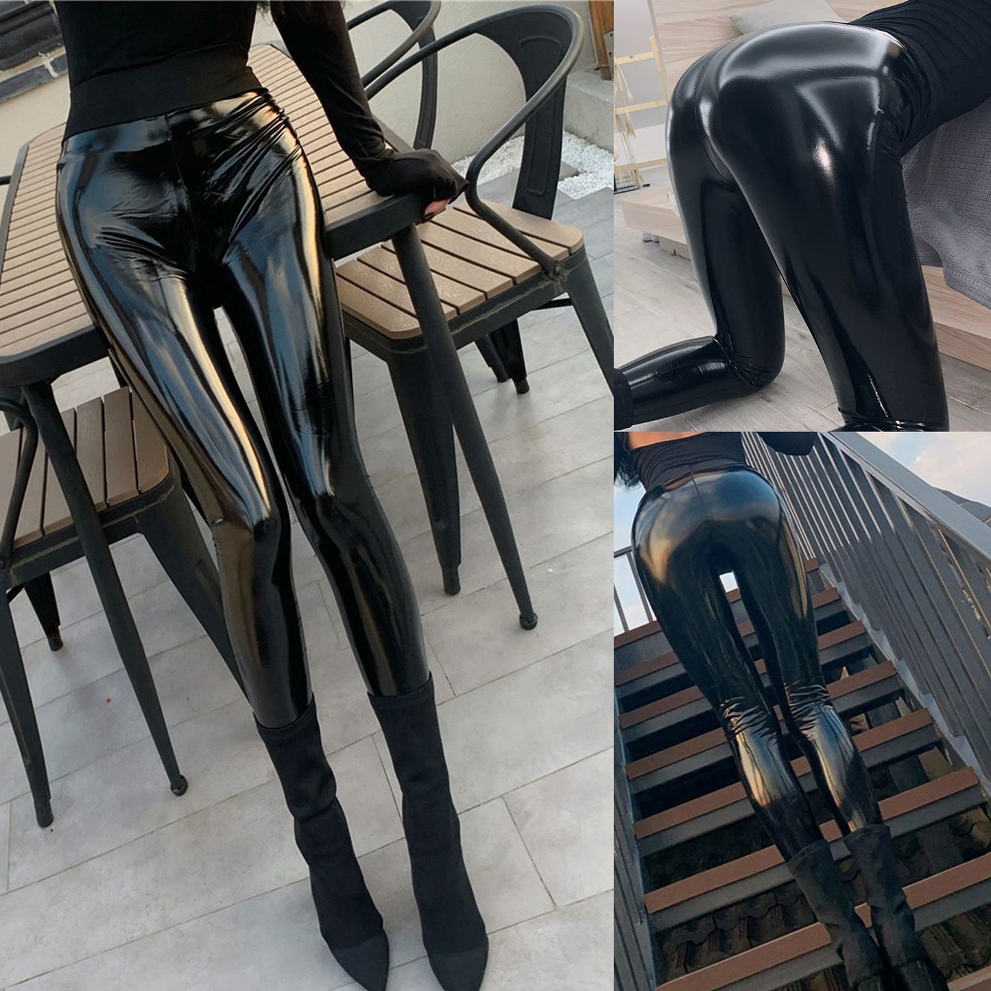 Womens Fashion Patent Leather Latex Pants Wet Look High Waist Stretchy Leggings Skinny Trousers Party Clubwear for Pole Dancing