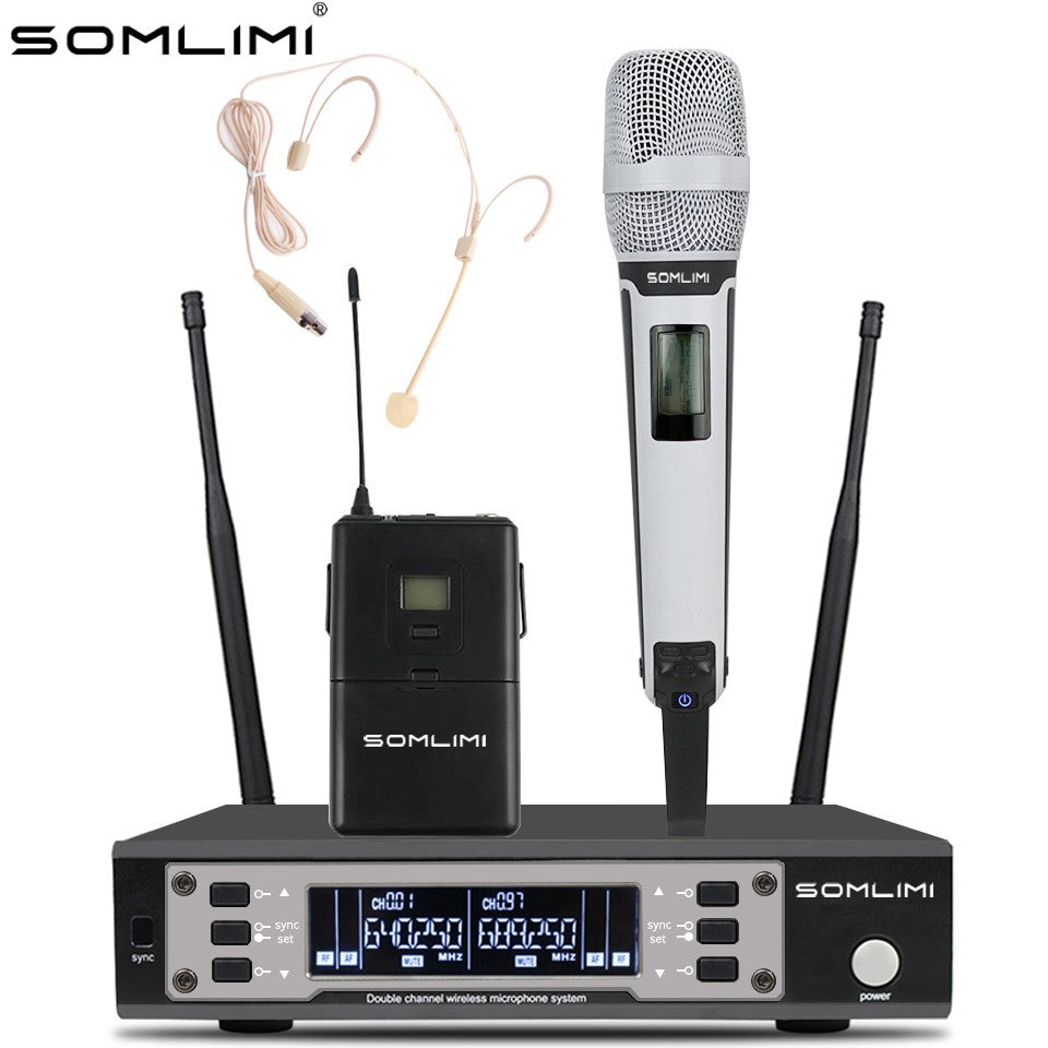 SOMLIMI EW135G4 Sistema de Microfone Sem Fio Duplo UHF Profissional para Palco Desempenho Dinâmico de Longa Distância Metal Portátil