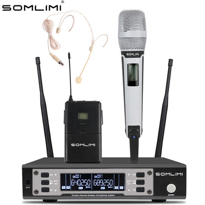 SOMLIMI EW135G4 Sistema de Microfone Sem Fio Duplo UHF Profissional para Palco Desempenho Dinâmico de Longa Distância Metal Portátil