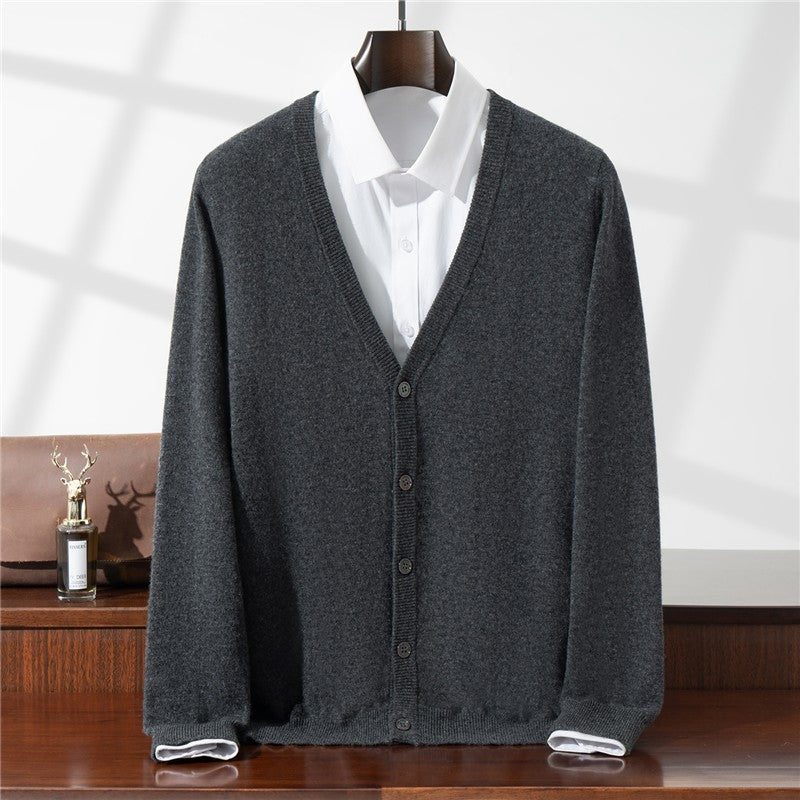New Simple Button-Up Long Sleeve 100% Wool Cardigan Men's V-Neck Autumn Winter Versatile Commuter Sweater Knitted Jacket