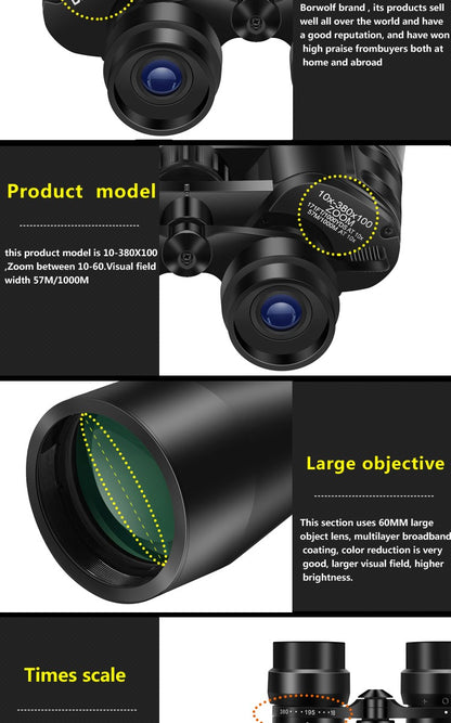 Borwolf 10-380X100 Alta Ampliação Longo Alcance Zoom 10-60 Vezes Binóculos Telescópio de Caça HD Profissional Zoom