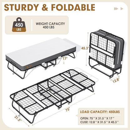 Folding Bed with Mattress, Foldable Twin Bed, Roll Away Beds for Adults, 75 x 31 Portable Roll Away Guest Beds with 5 Mat